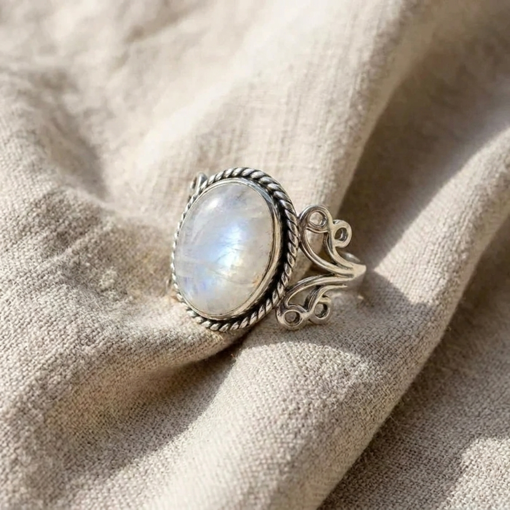 Bague en pierre de lune ovale à volutes