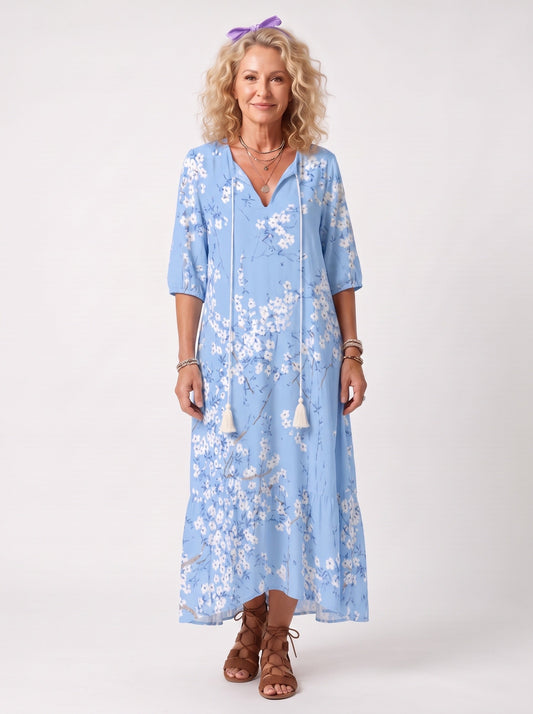 Alora | Robe midi fleurie à liens et pompons