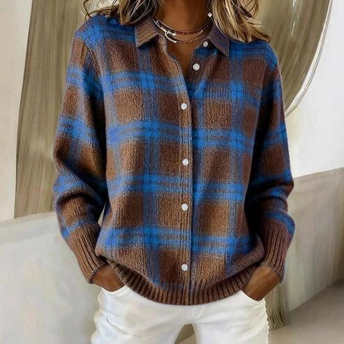 Nadia | Cardigan en maille à carreaux - Marron chocolat