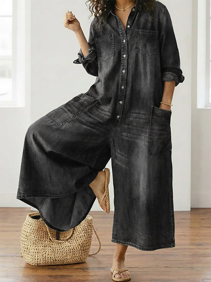 Saylor | Combinaison en jean de coton délavé vintage à boutons