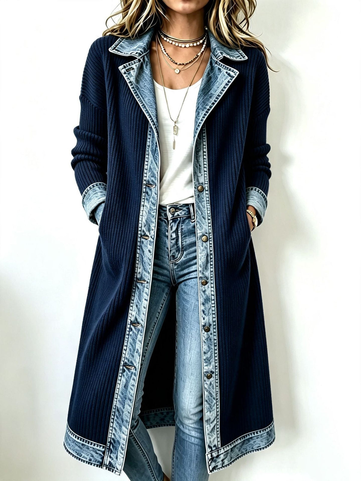 Rosalinda | Gilet long en maille à détails en jean - Bleu marine