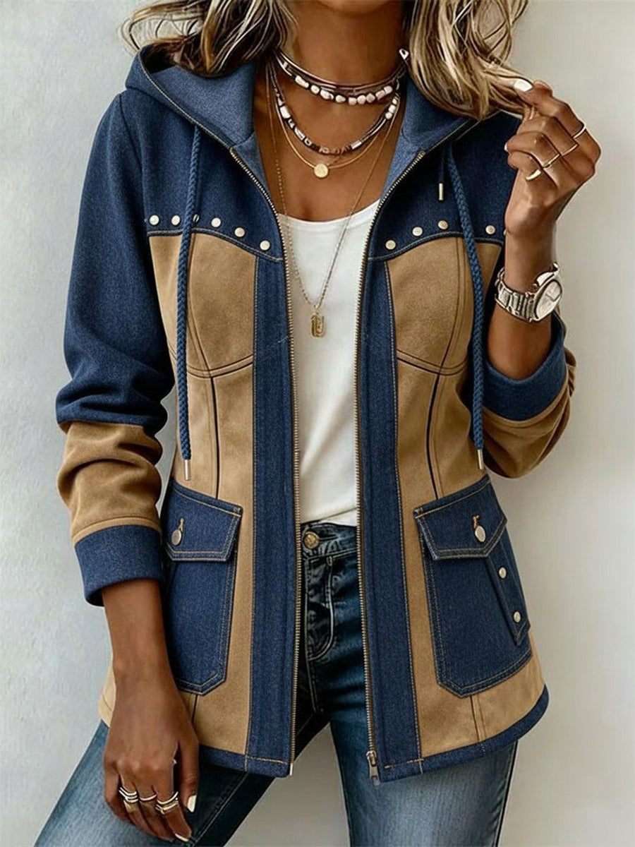 Valeria | Veste à capuche bleu marine et camel - Bleu marine et camel