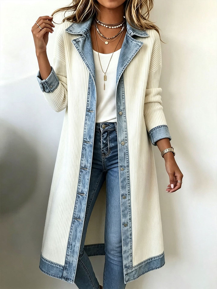 Rosalinda | Gilet long en maille à détails en jean - Blanc