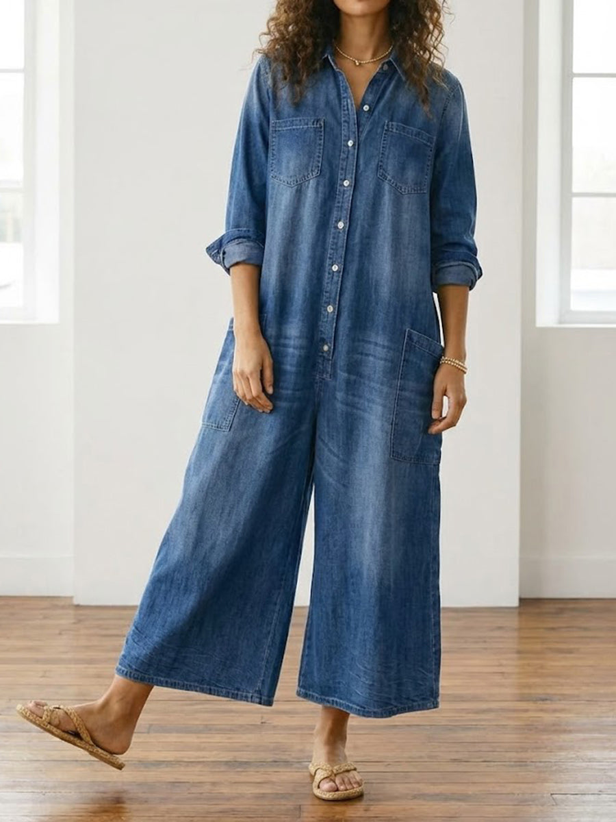 Saylor | Combinaison en jean de coton délavé vintage à boutons