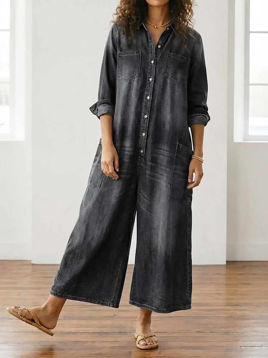 Saylor | Combinaison en jean de coton délavé vintage à boutons