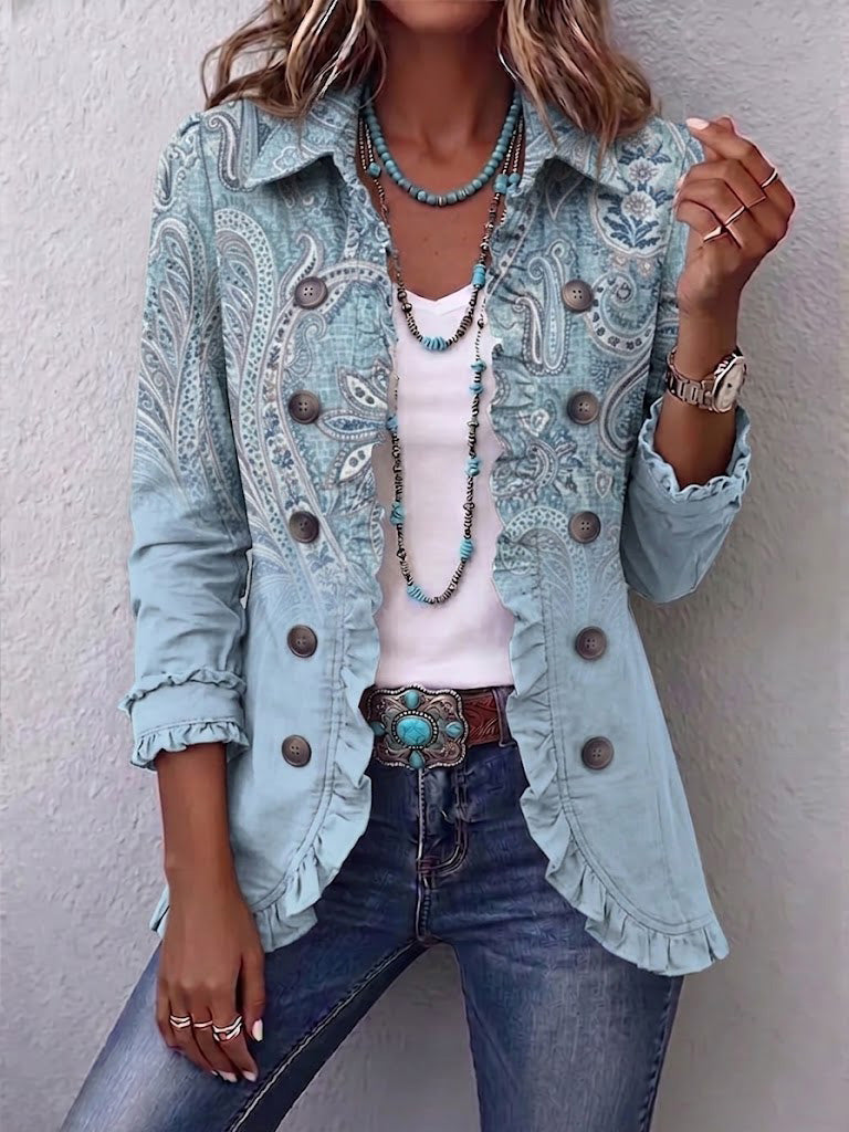 Asunción | Veste cachemire vintage à volants - Bleu ciel