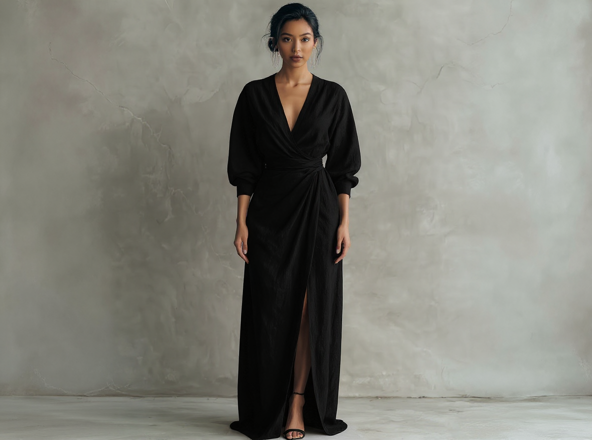 Robe longue rose minimaliste en mélange de lin avec col en V pour femme.