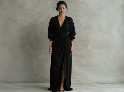 Robe longue rose minimaliste en mélange de lin avec col en V pour femme.