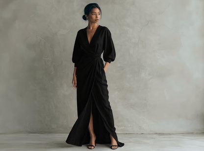 Robe longue rose minimaliste en mélange de lin avec col en V pour femme.