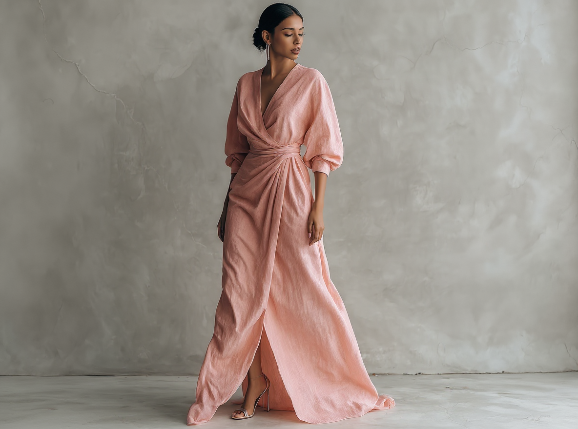 Robe longue rose minimaliste en mélange de lin avec col en V pour femme.