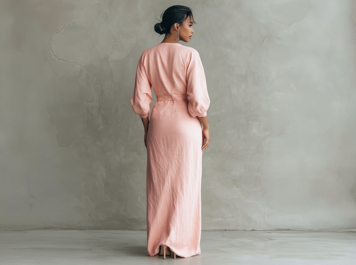 Robe longue rose minimaliste en mélange de lin avec col en V pour femme.