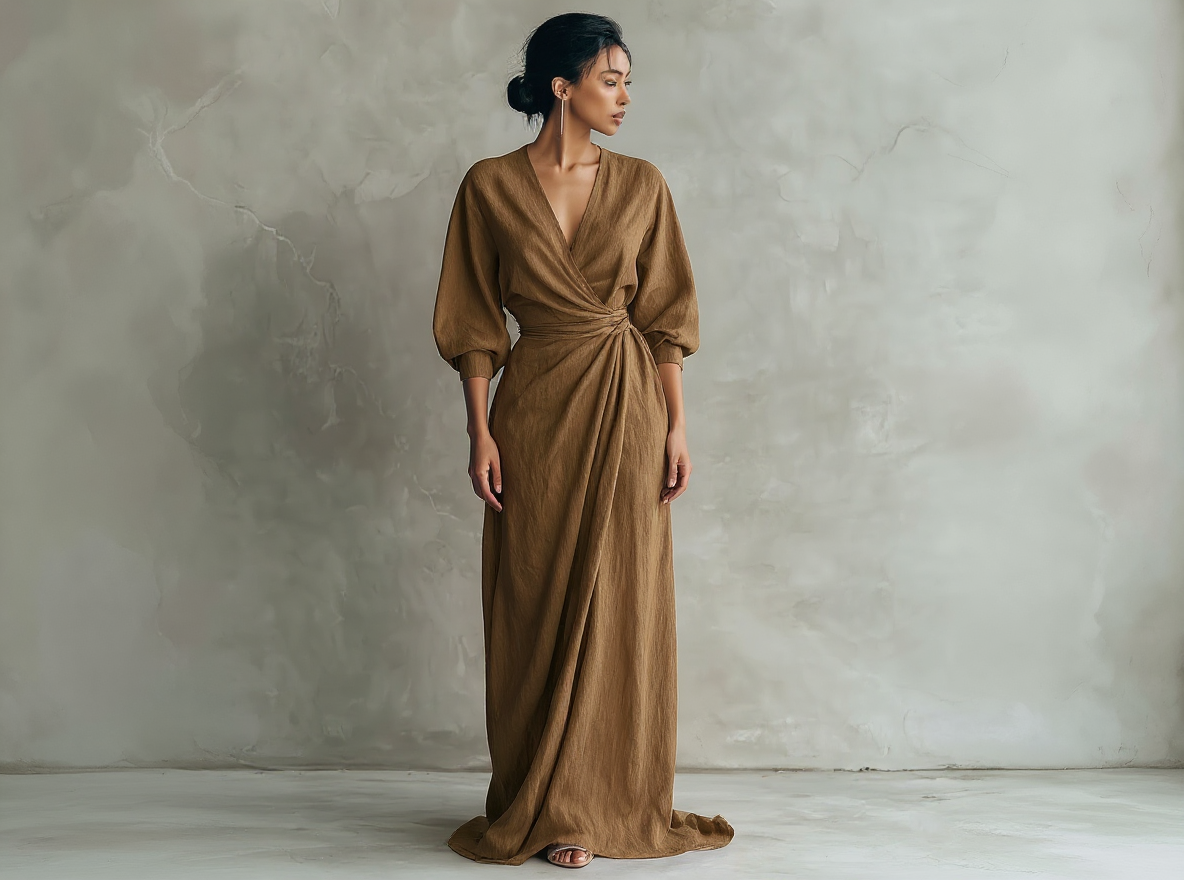 Robe longue rose minimaliste en mélange de lin avec col en V pour femme.