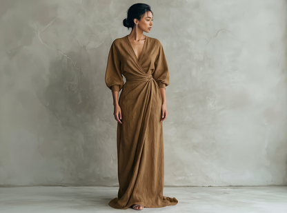 Robe longue rose minimaliste en mélange de lin avec col en V pour femme.