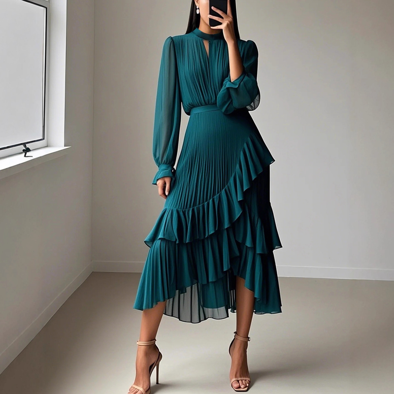 Élégante robe midi plissée à volants.