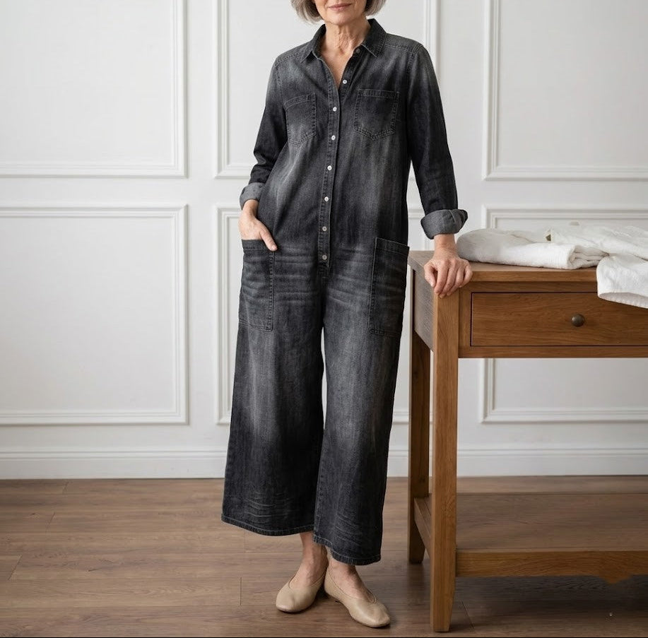 Saylor | Combinaison en jean de coton délavé vintage à boutons