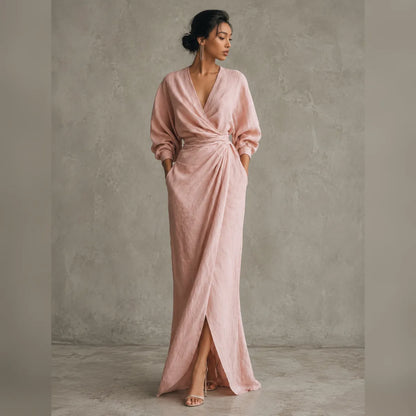 Vestido largo minimalista rosa con escote en V, de mezcla de lino para mujer.